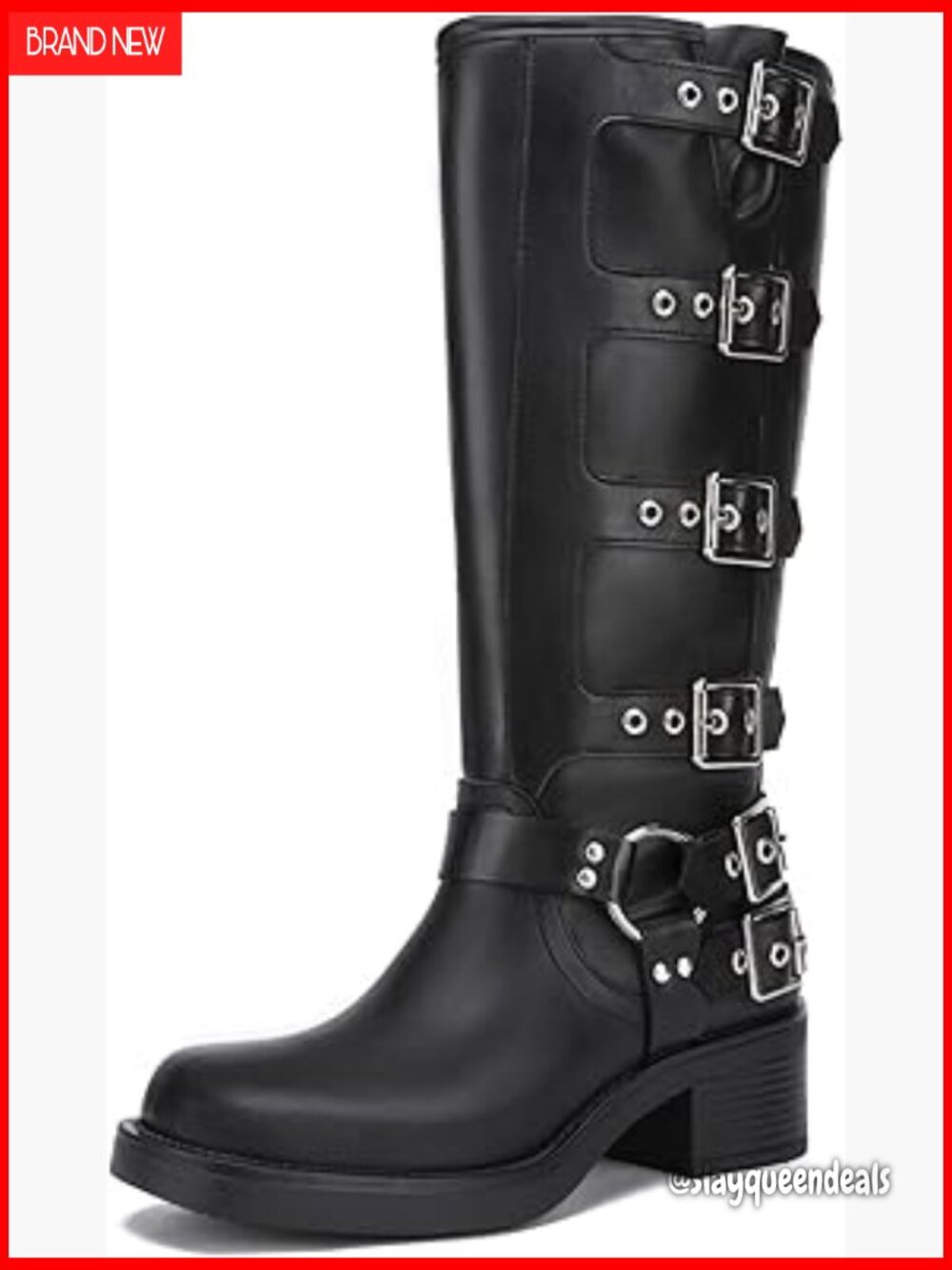 Knee High Riding Boots Square Toe Chunky Heel Wide Calf Biker Style